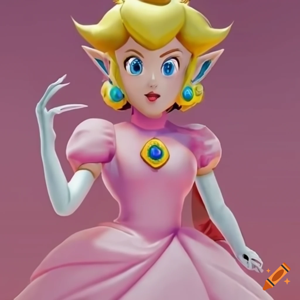 Princess Peach and Link posing in pink silk ballgowns