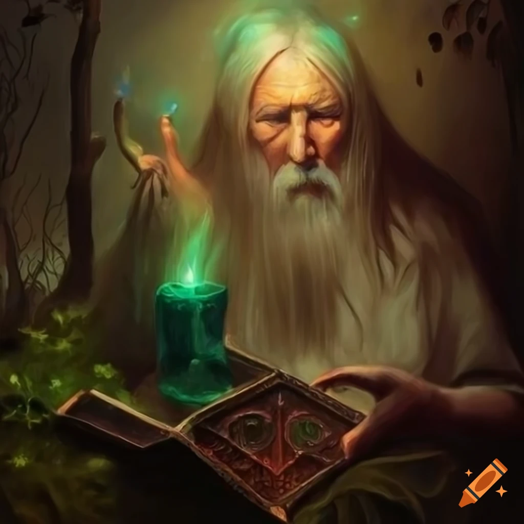 Ancient wizard immersed in spellbook amidst mystical glowing flora in a hyperrealistic painting