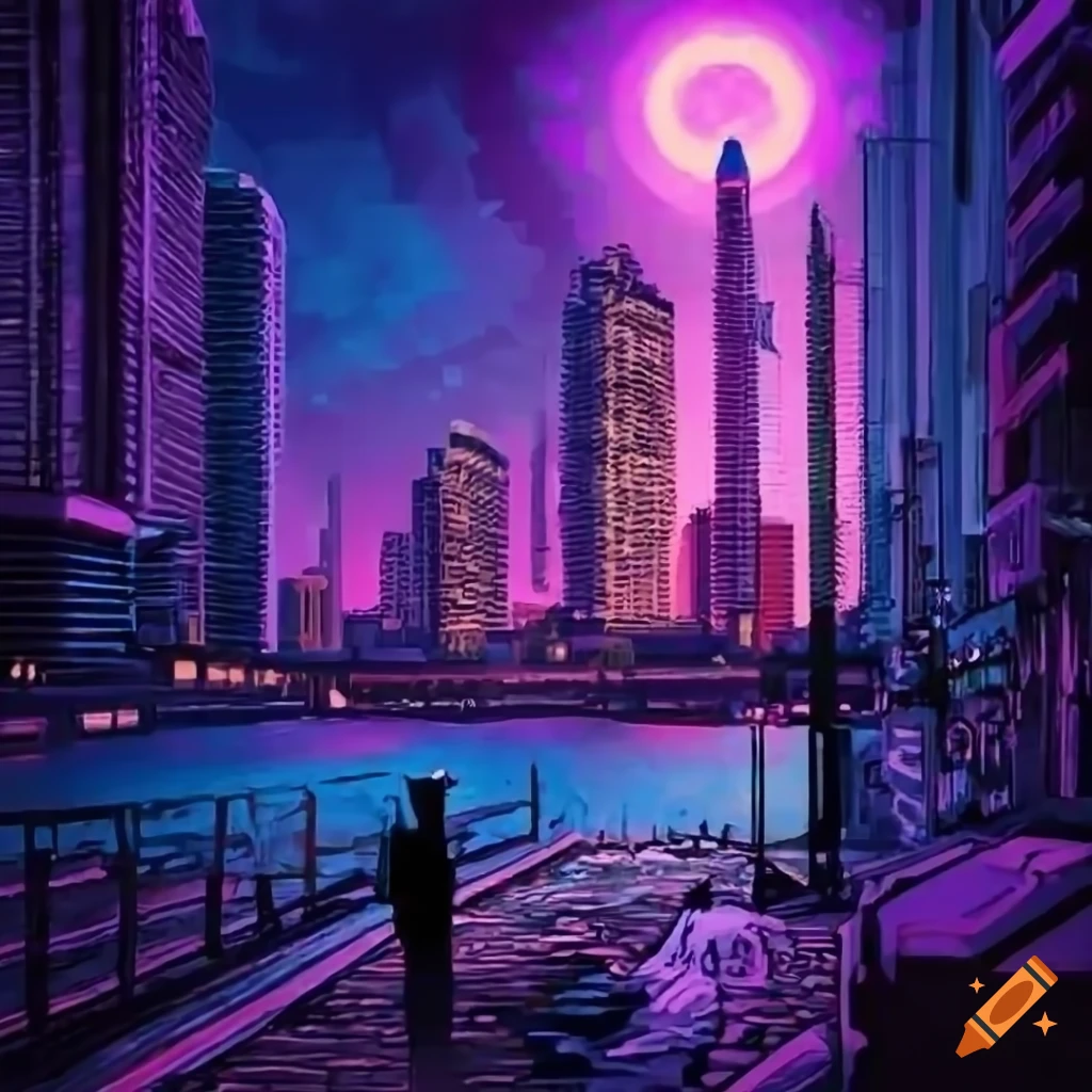 Cityscape of Hotline Miami with neon lights and moonlight