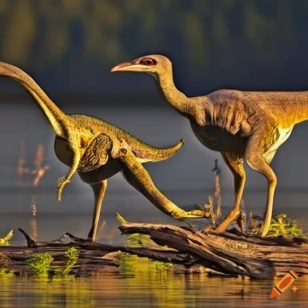 Feathered gallimimus dinosaurs with Houbara Bustard color pattern by a BC lake with driftwood and ferns in morning light