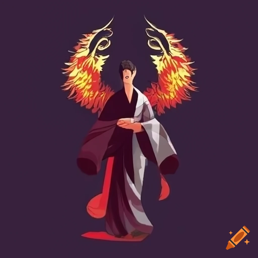 Man in black kimono with a phoenix in the background