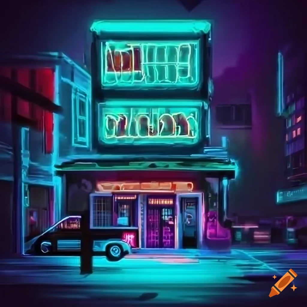 Night scene in the inner city with neon lights and a shopping cart