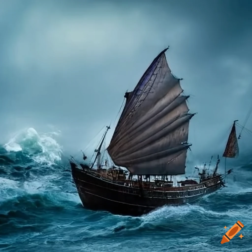 Chinese junk ship navigating through stormy seas