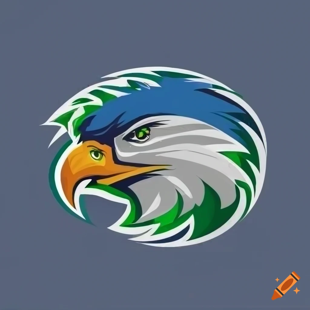 Fierce eagle head side view in team colors: royal blue, green, and white