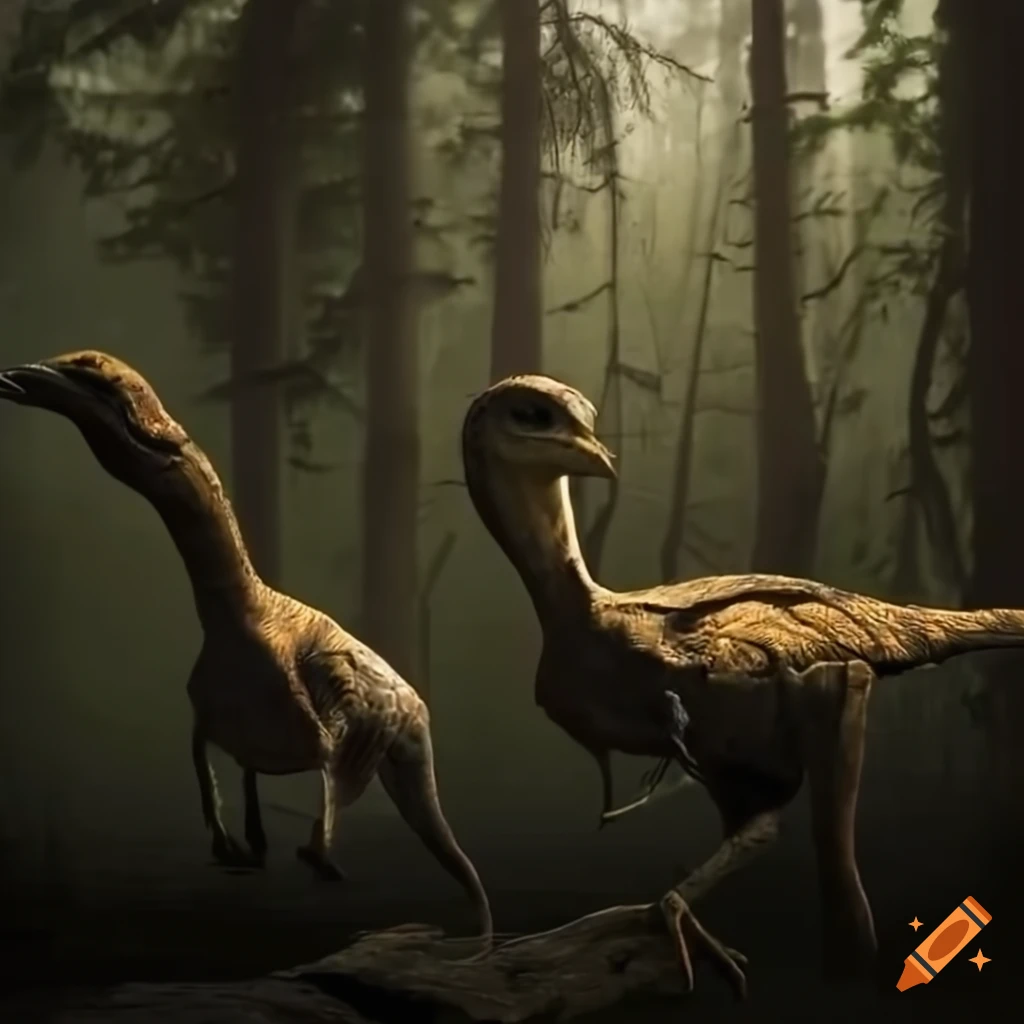 Feathered gallimimus dinosaurs with Houbara Bustard colors in British Columbia lake