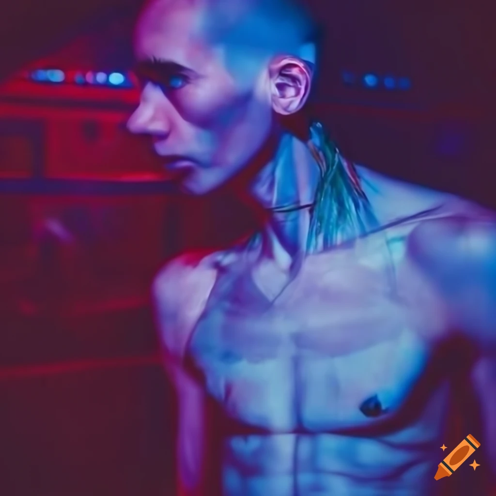 Skinny male French cyborg DJ in a futuristic nightclub setting