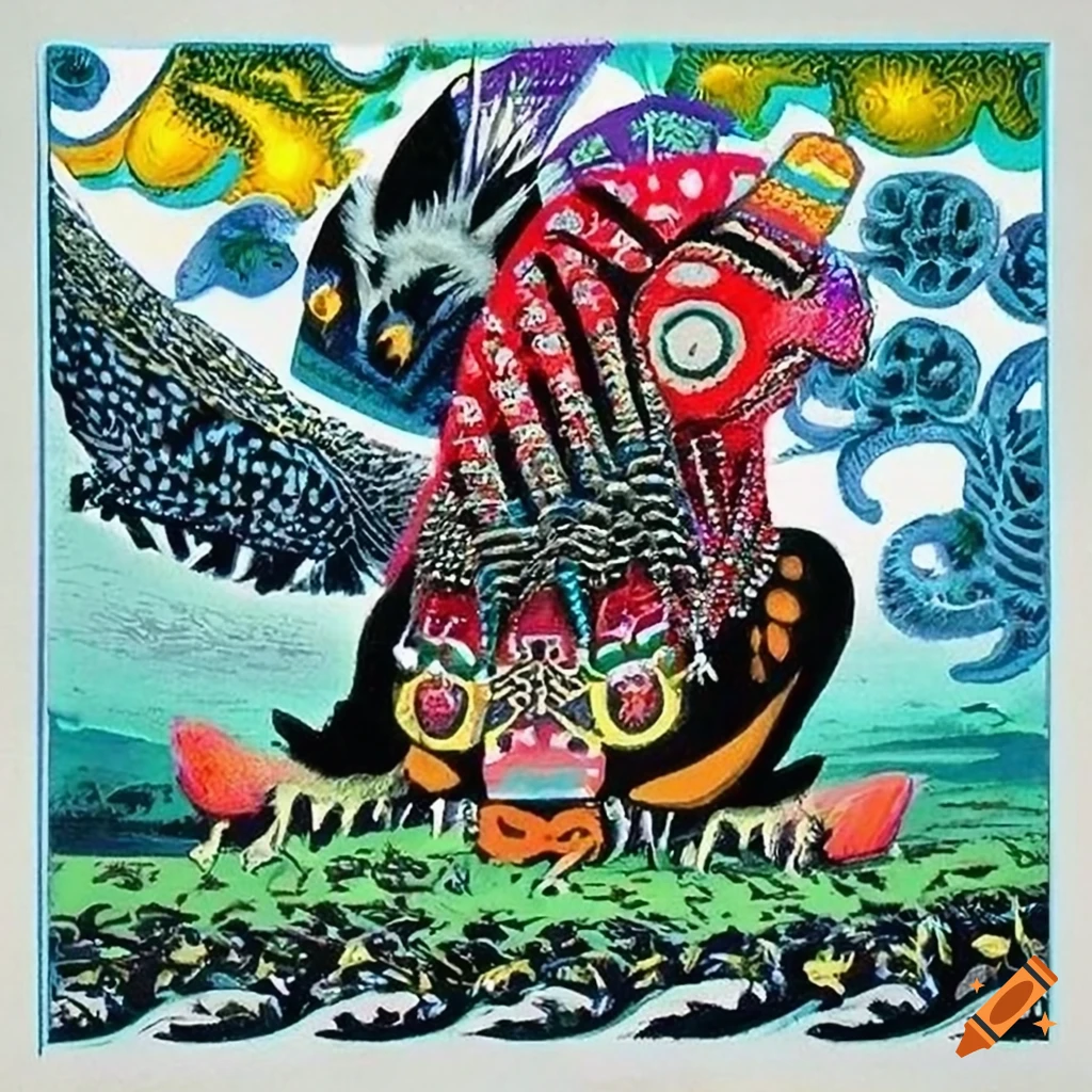 Lithograph combining Native Salish and Russian fairytale motifs and designs with spirit animals and totems