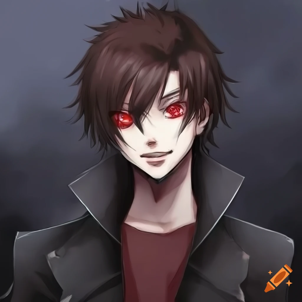 Anime young man with dark brown hair, red eyes, and black coat in a vampire theme