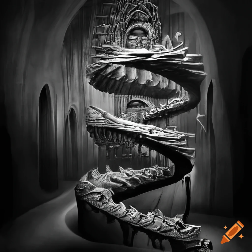 Biomechanical staircase landscape inspired by Giger, Escher, and Dali