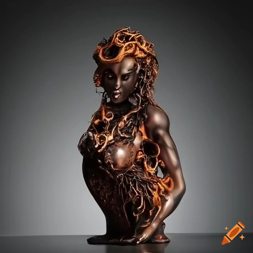 Sculpture of a full-figured molten iron crystal goddess
