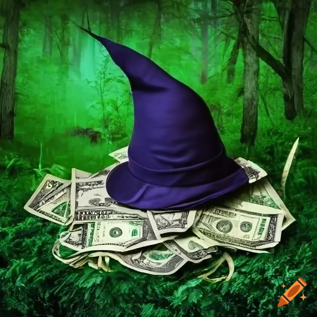 Vintage witch's hat with money and forest background