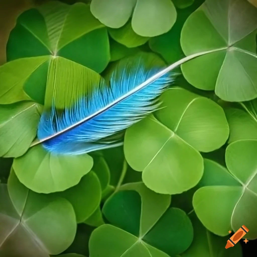 Blue bird feather on a four leaf clover