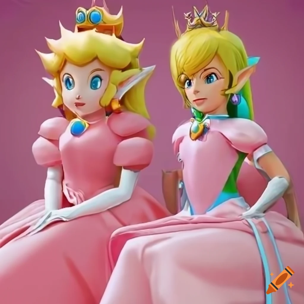Princess Peach and Link in pink silk ballgown at a manor