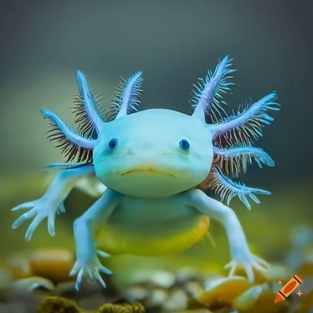 Green blue axolotl swimming in an ocean