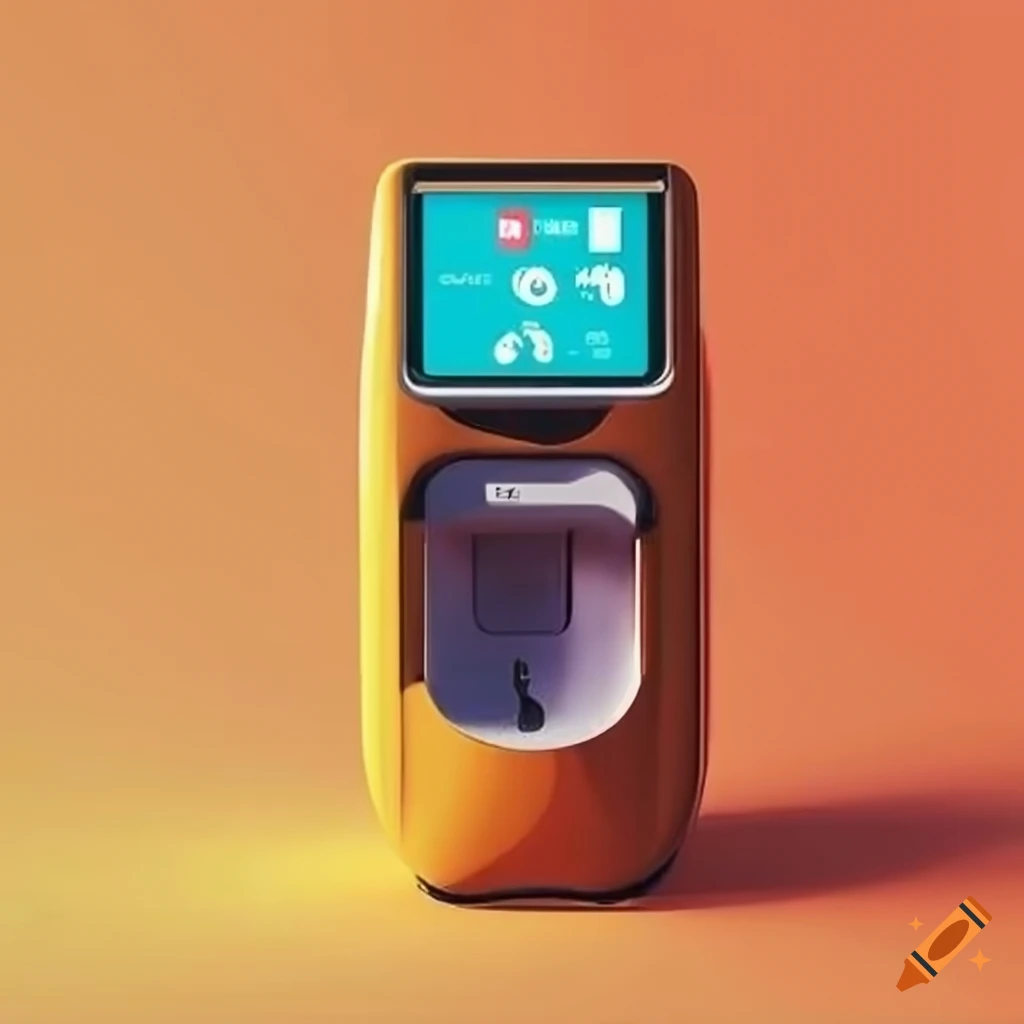 Modern compact round parking meter in vibrant papaya color with EV charging station and AC outlets