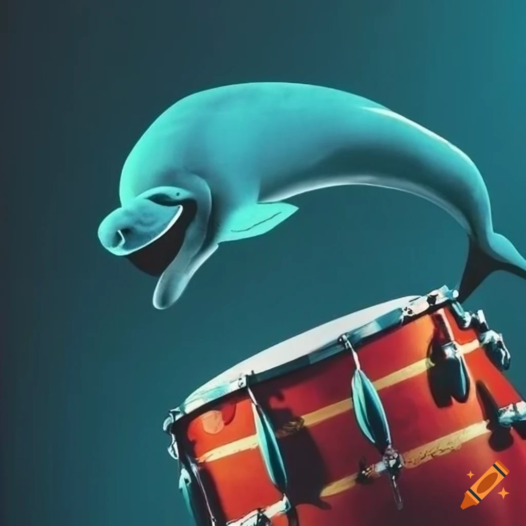 Dolphin playing a 1980s Tama drumkit in risograph print