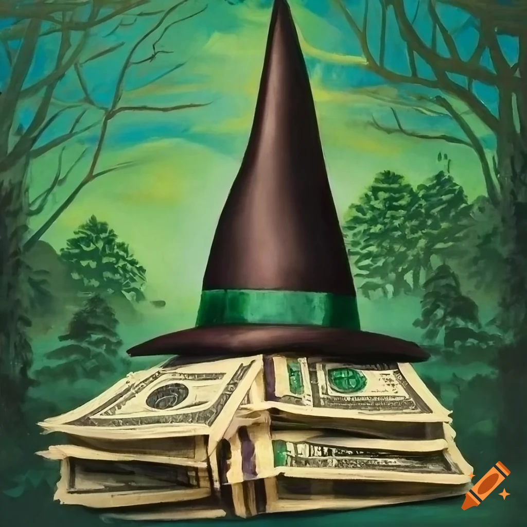Vintage oil painting of a Witch's hat with dollar bills and green forest