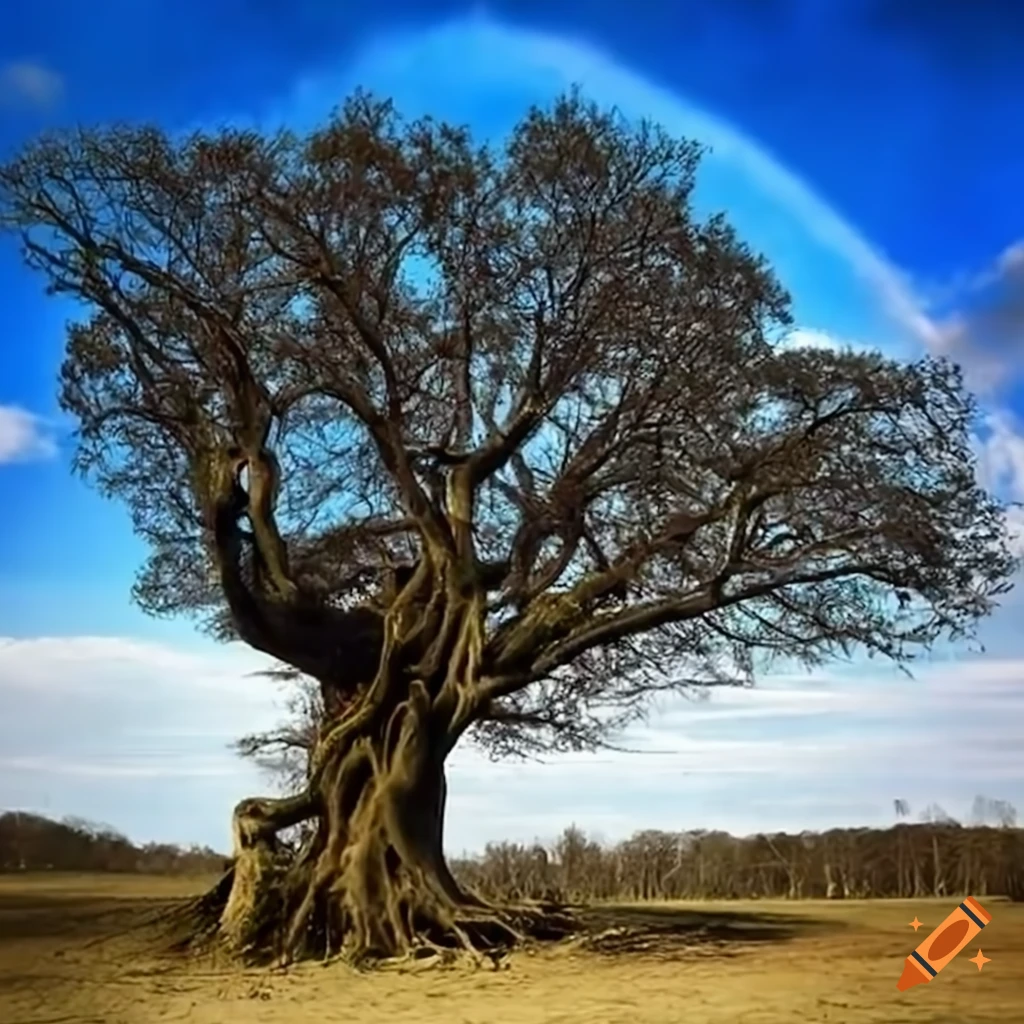 Tall tree with roots in the sky, stars for leaves and moons for fruits ...