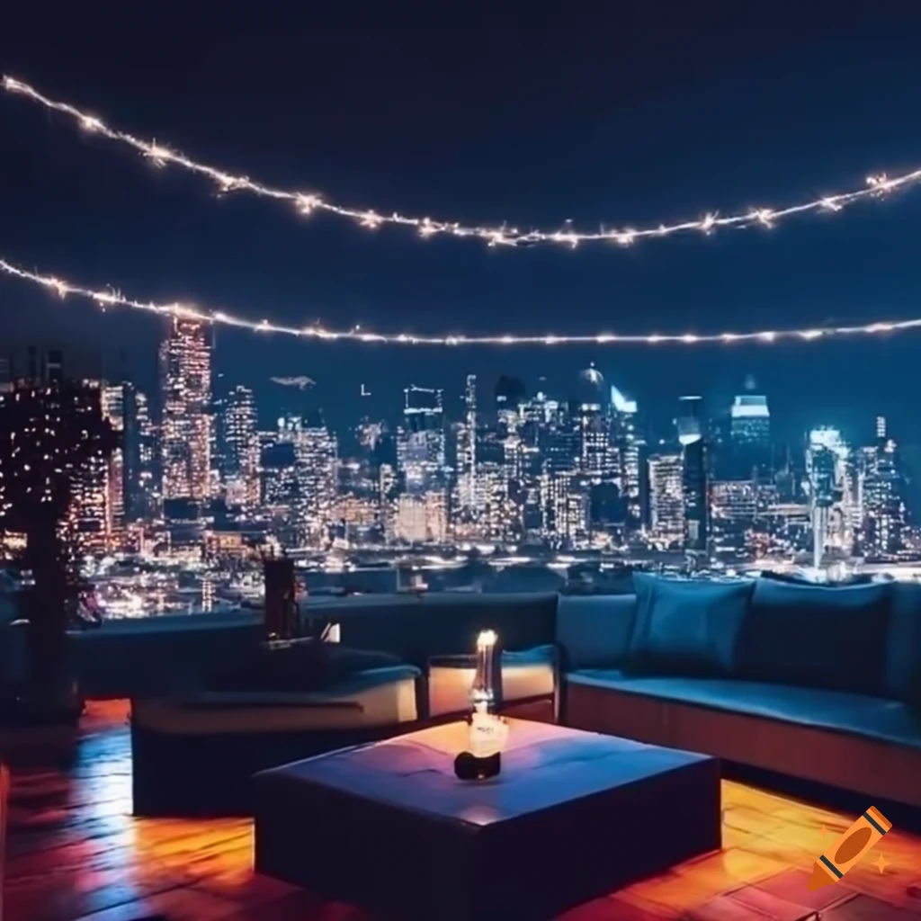 Couch on rooftop bar with city view at night