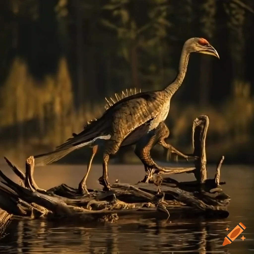 Feathered gallimimus dinosaurs with Houbara Bustard color pattern by a BC lake with driftwood and ferns in morning light