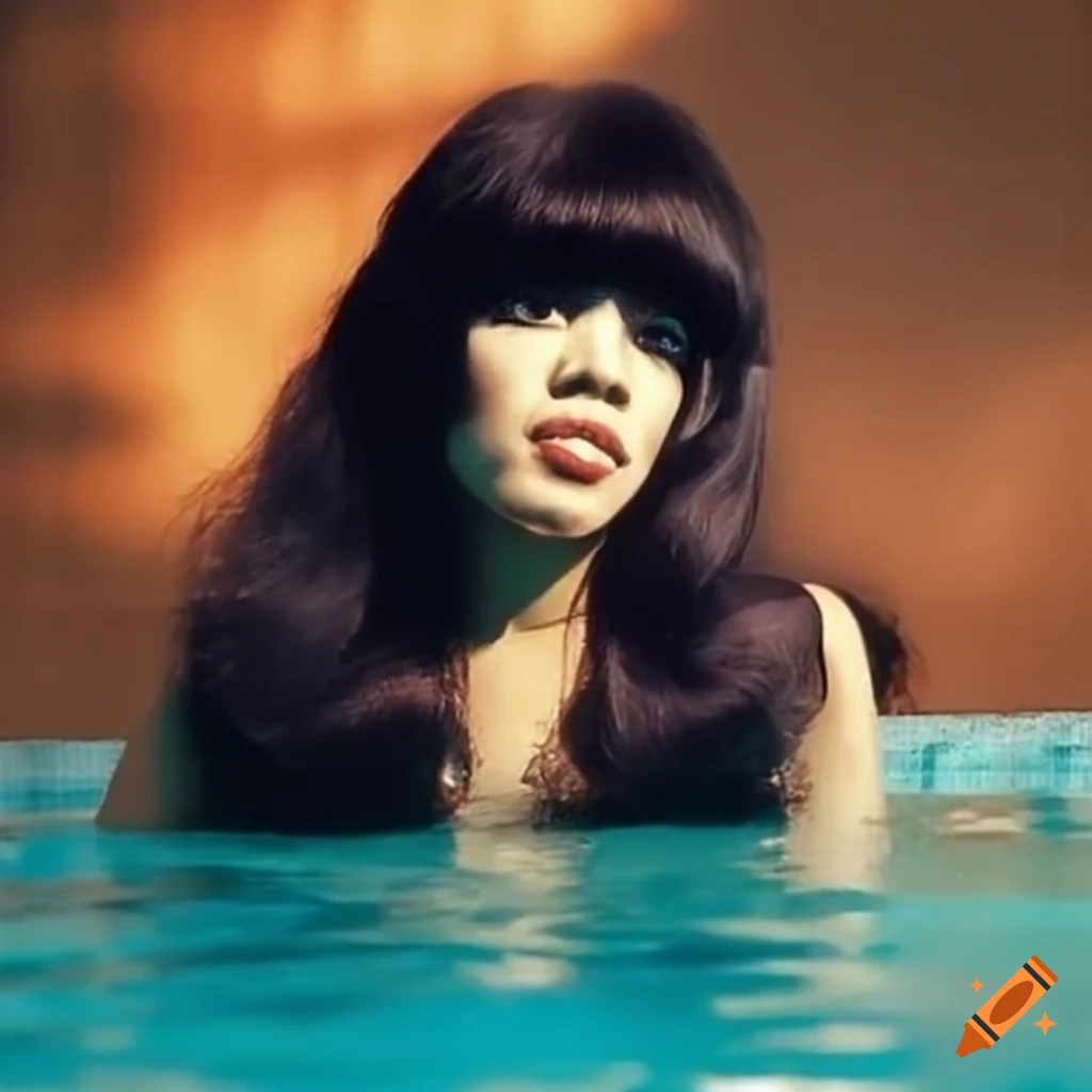 Ronnie spector in 60s swim suit at sunset near old movie theater on Craiyon