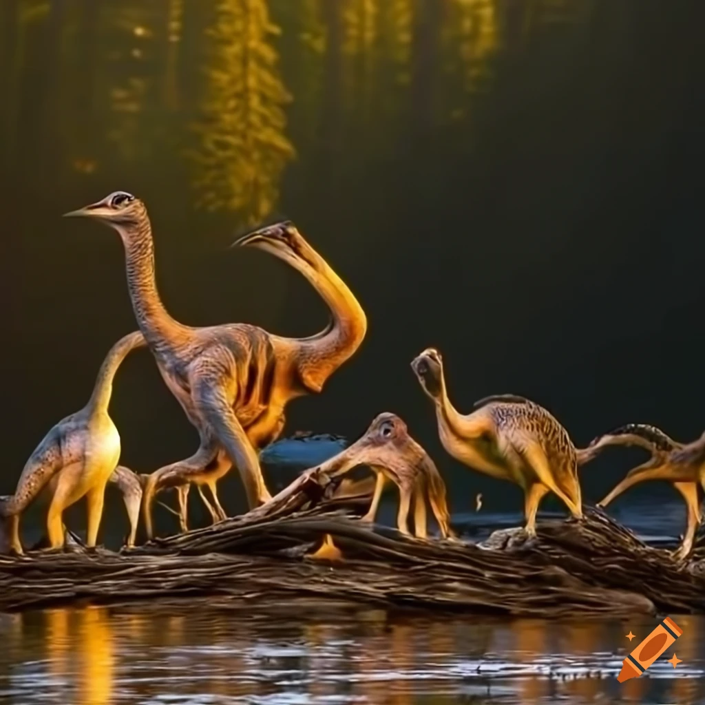 Feathered gallimimus dinosaurs with Houbara Bustard color pattern by a British Columbia lake