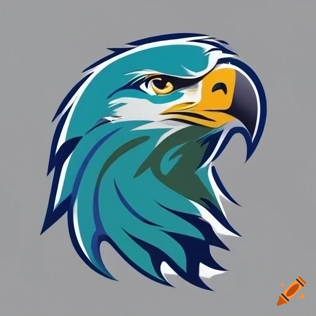 Team logo of a fierce eagle head in royal blue, green, and white