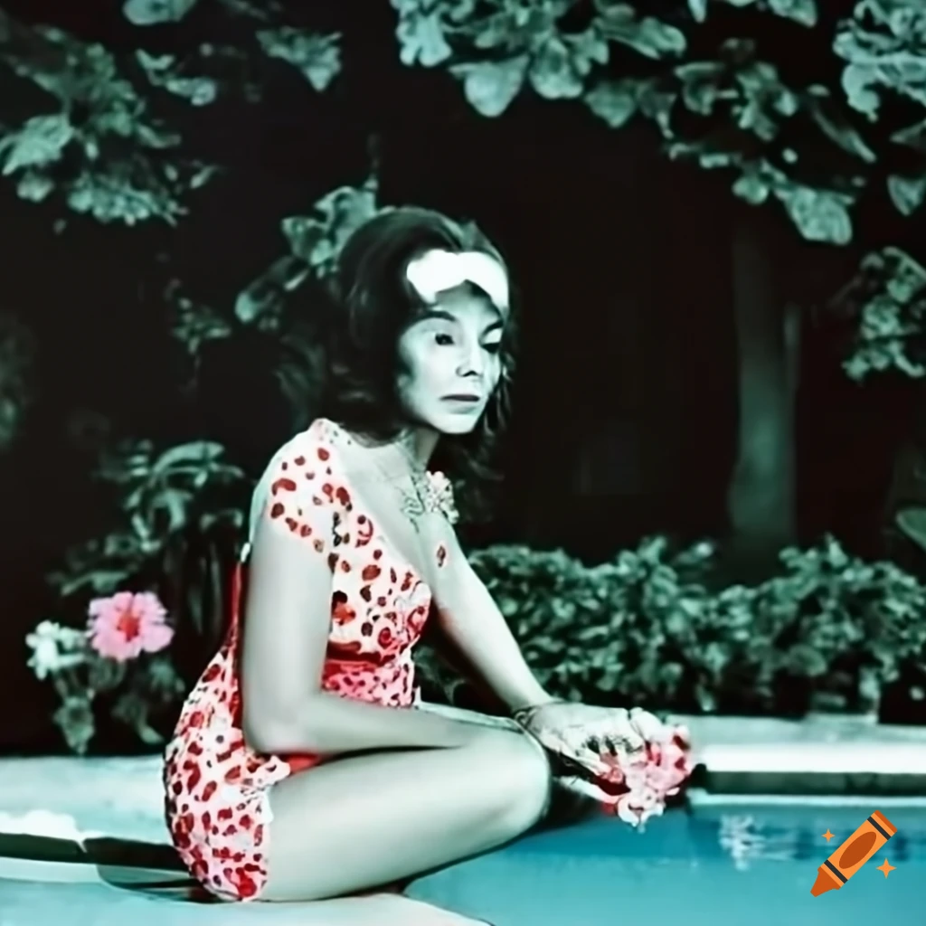 Ronnie Spector at the pool in a 60s swimsuit surrounded by hibiscus flowers