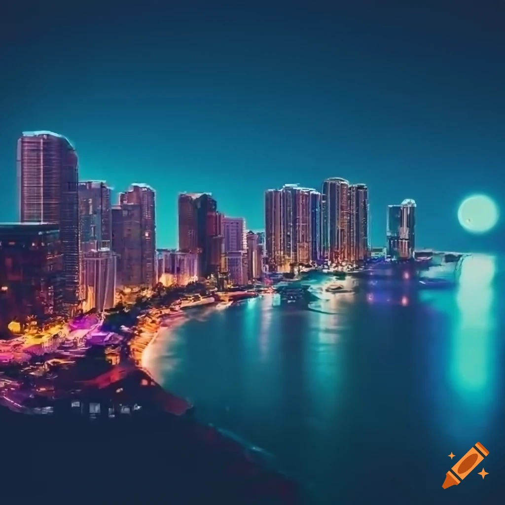 Aerial view of a neon-lit cityscape with a sandy beach at night