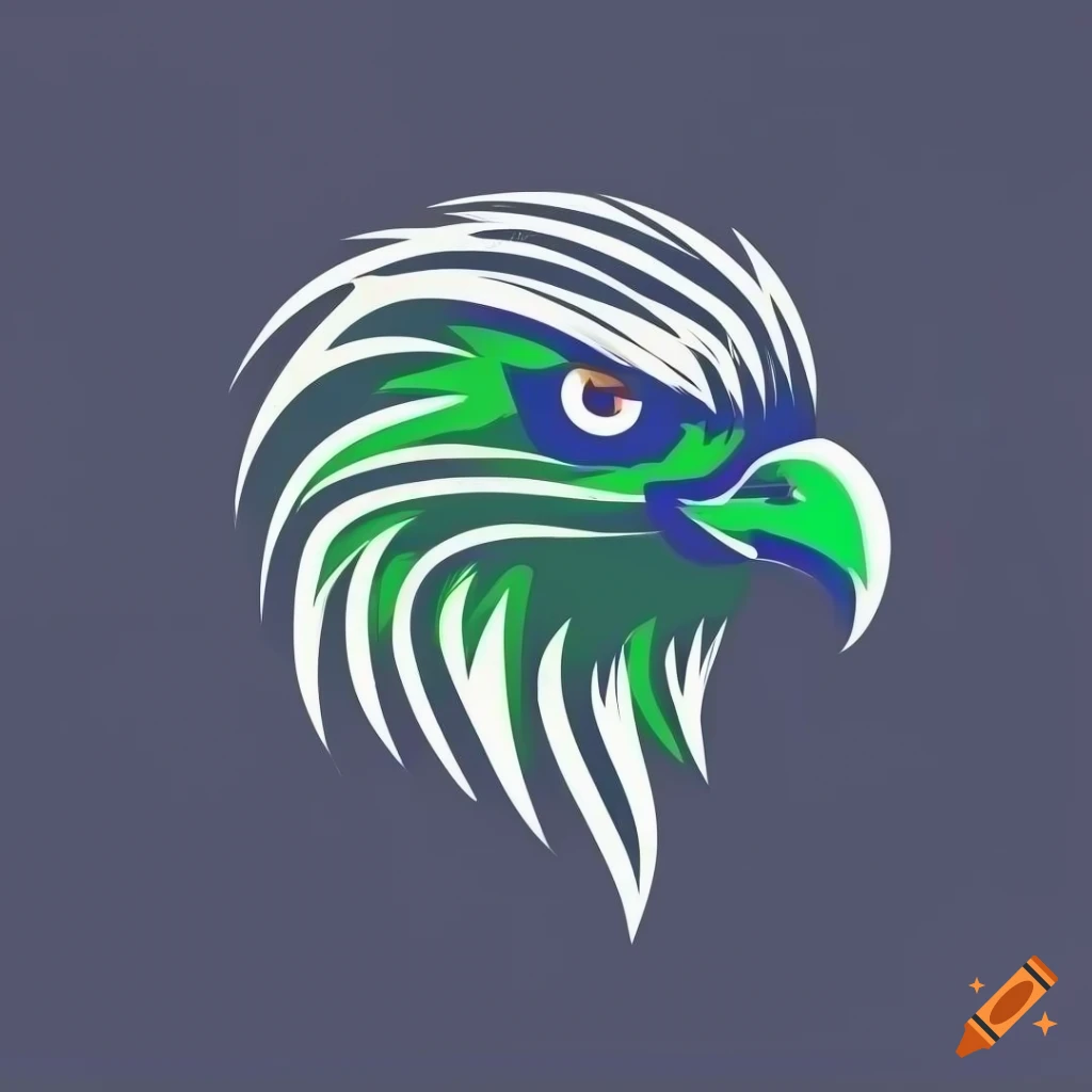 Striking and fierce eagle head logo design with blue, green, and white colors