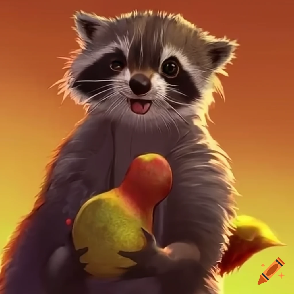 Squirrel and raccoon among ripe pears