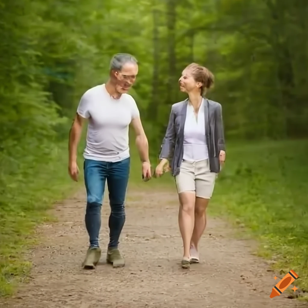 Middle-aged couple walking in nature and smiling at each other