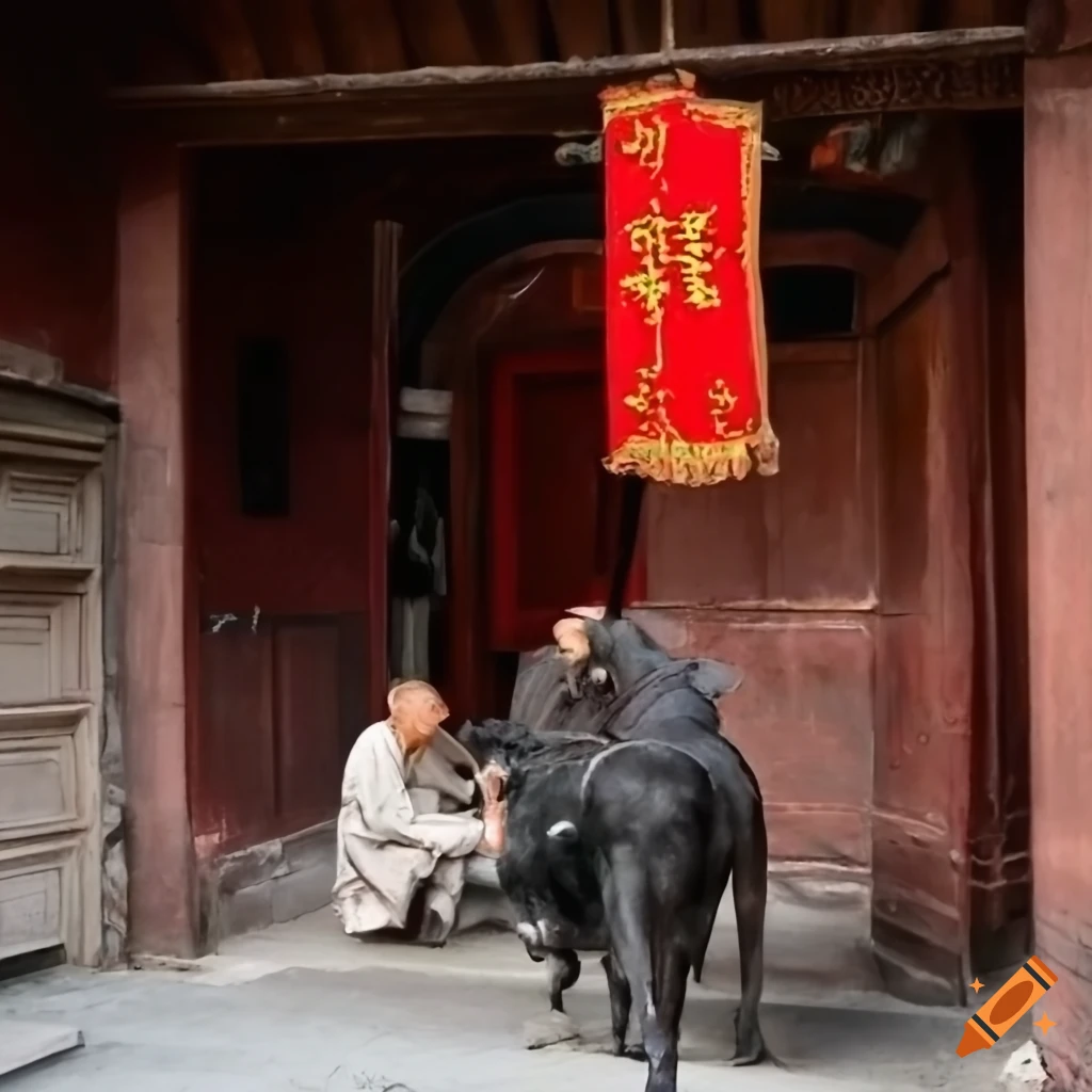 Old man in traditional Chinese clothing feeding a horse in front of a clay house