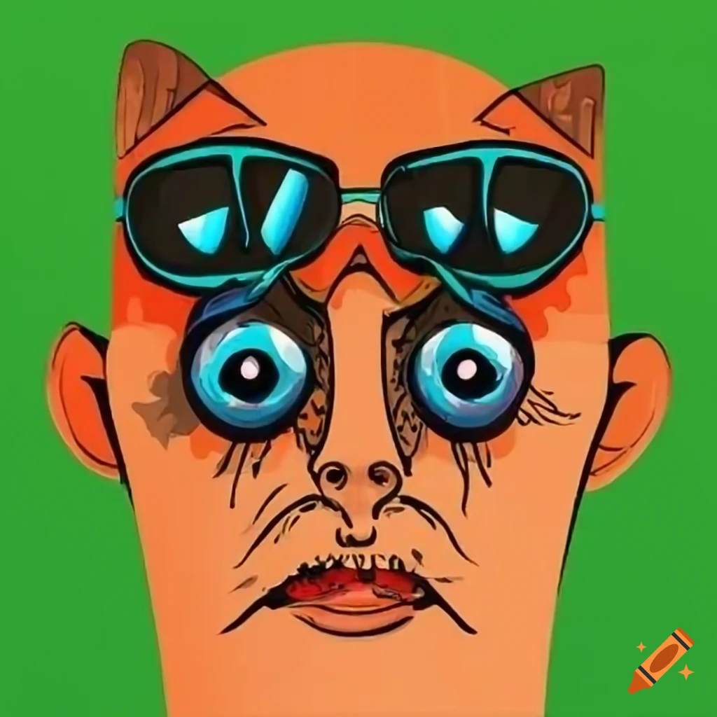 Man with three eyes shouting to a cat in animated acid 60s style