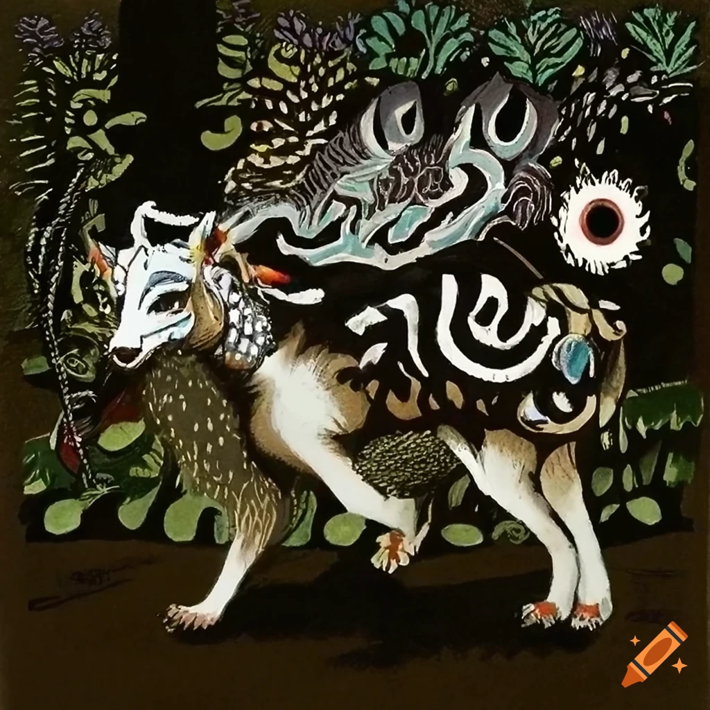 Lithograph combining Native Salish and Russian fairytale motifs and designs with spirit animals and totems