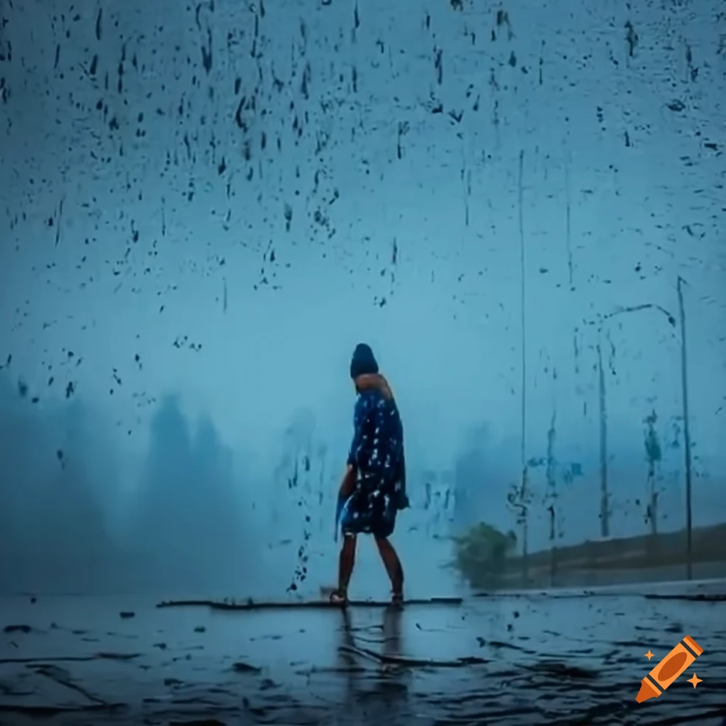 Man in blue and white attire walking on a rainy day in Israel