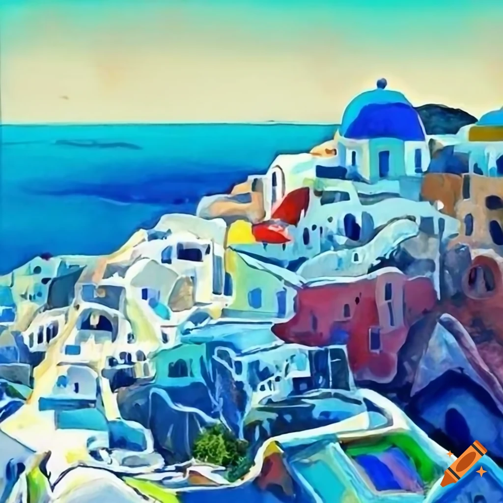 Drawing of Santorini island in Peter Doig style