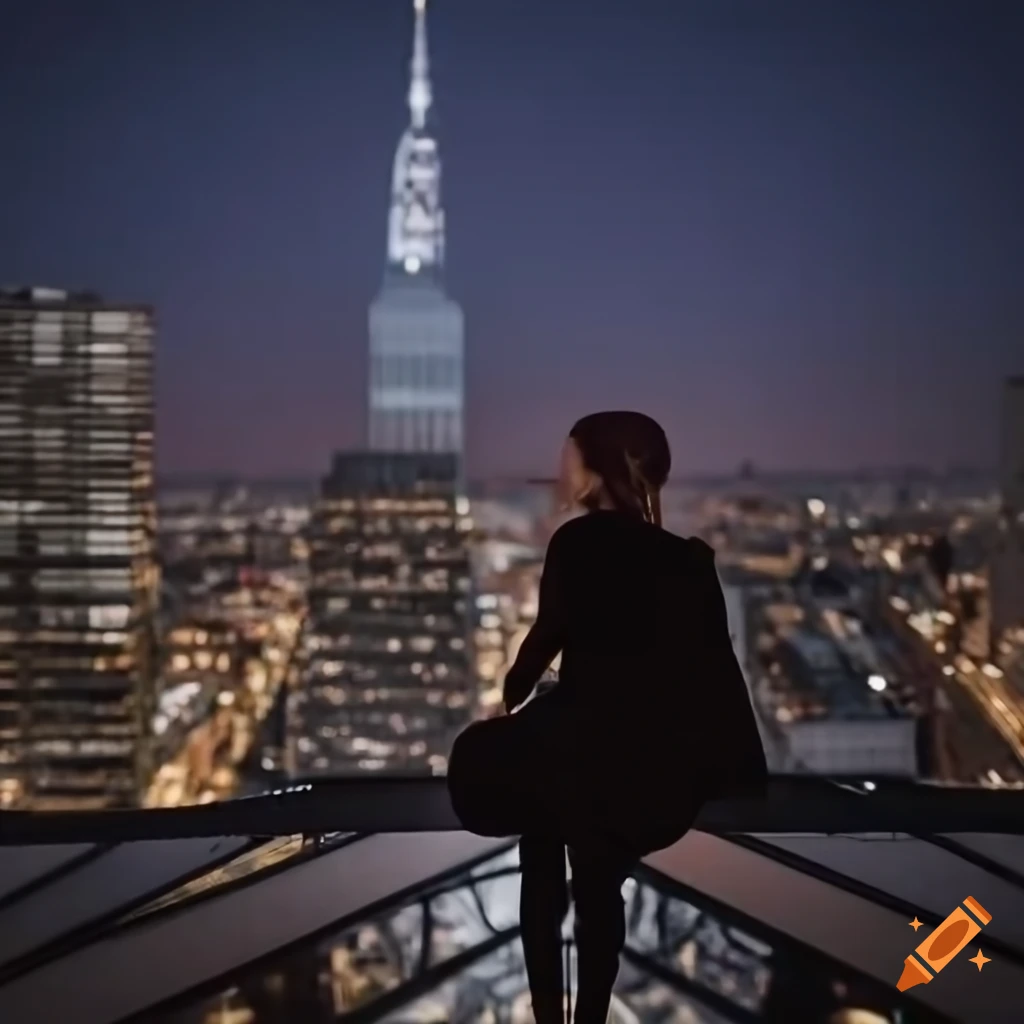 Wide-angle view of a woman sitting on a rooftop skyscraper