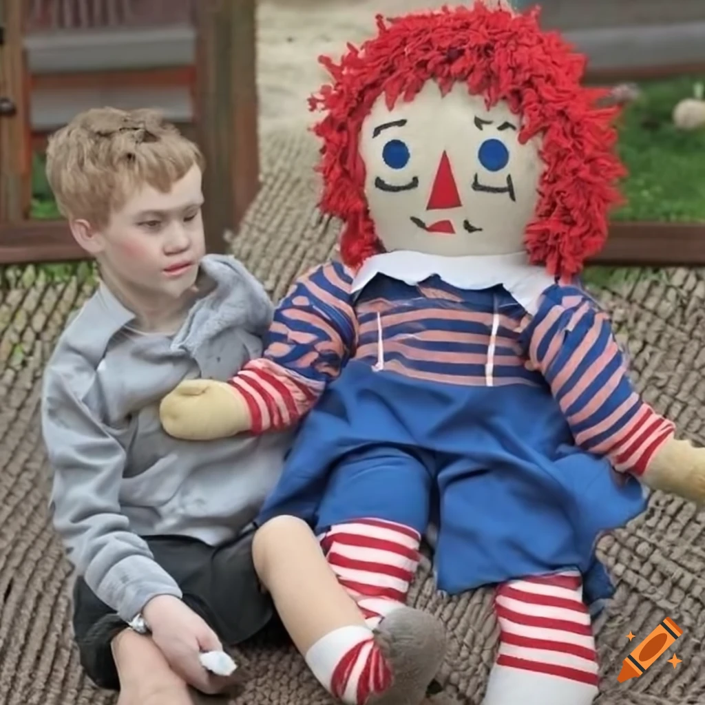 Raggedy Ann mascot inviting a boy to sit on her lap