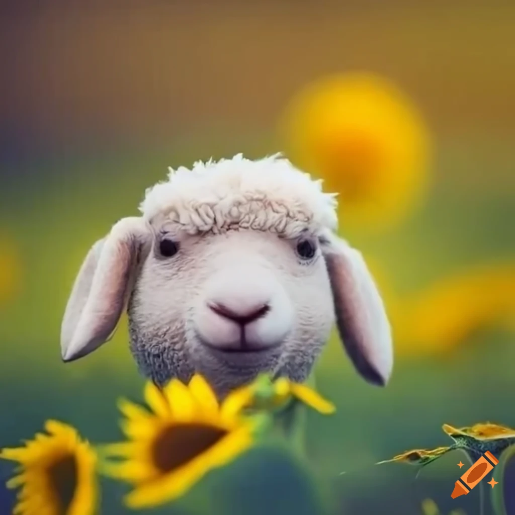 Wolli the Little Sheep with sunflowers in a peaceful meadow