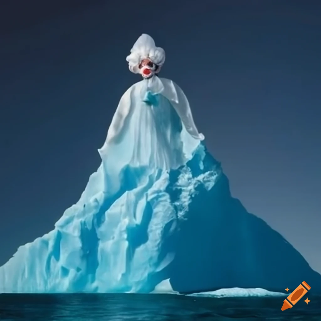 Clown doll on peak of iceberg in the sea on Craiyon