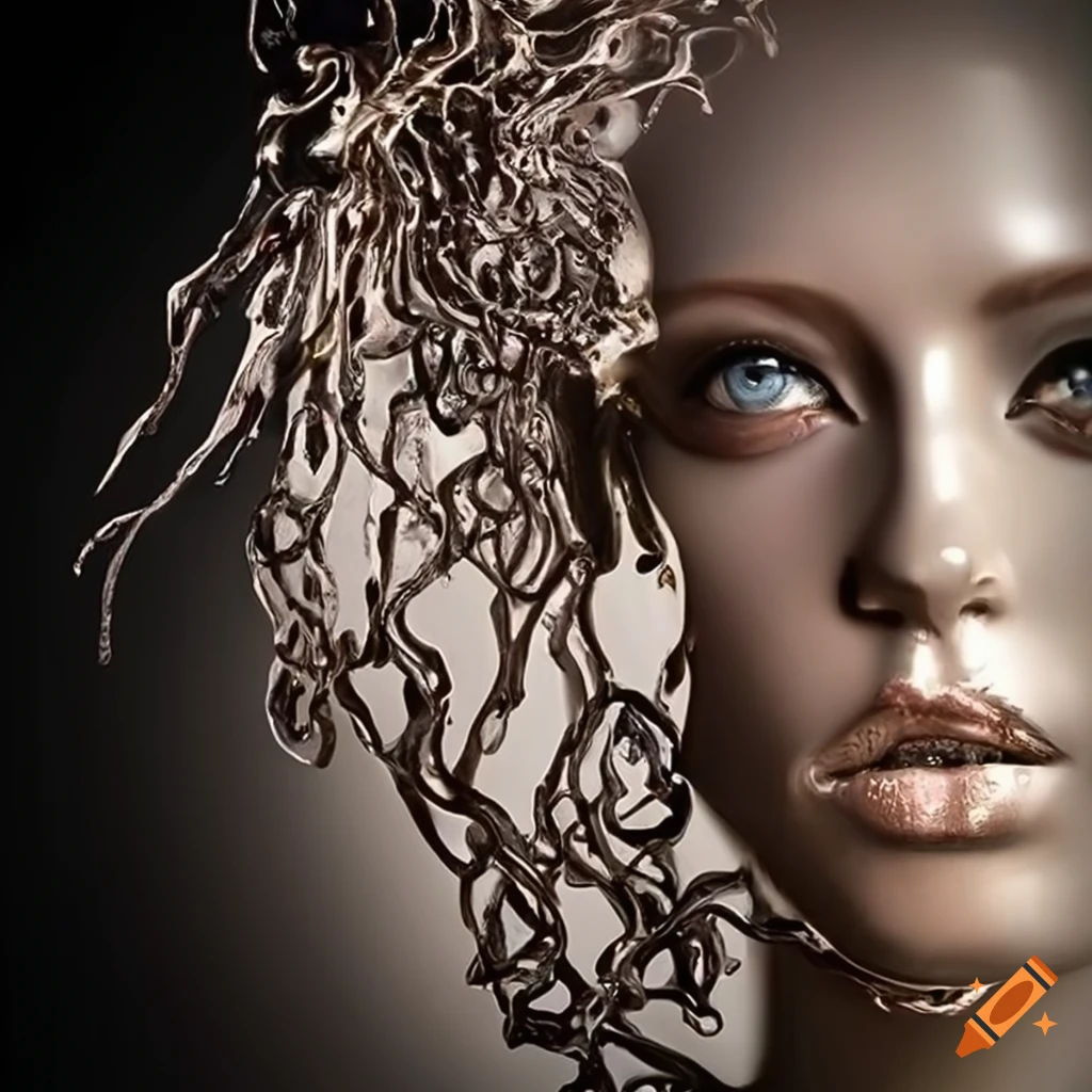 Dynamic feminine molten metal sculpture of a goddess