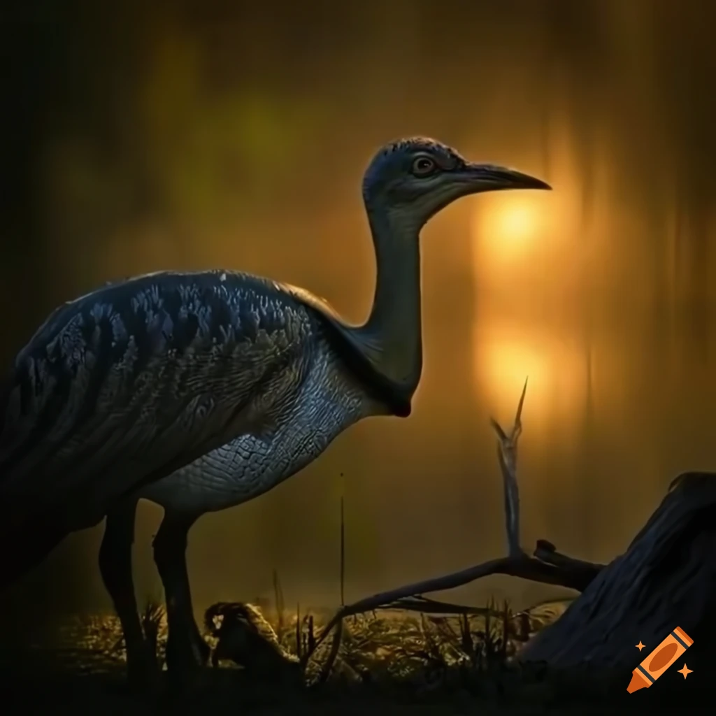 Feathered gallimimus dinosaurs with Houbara Bustard color pattern by a BC lake with driftwood and ferns in morning light