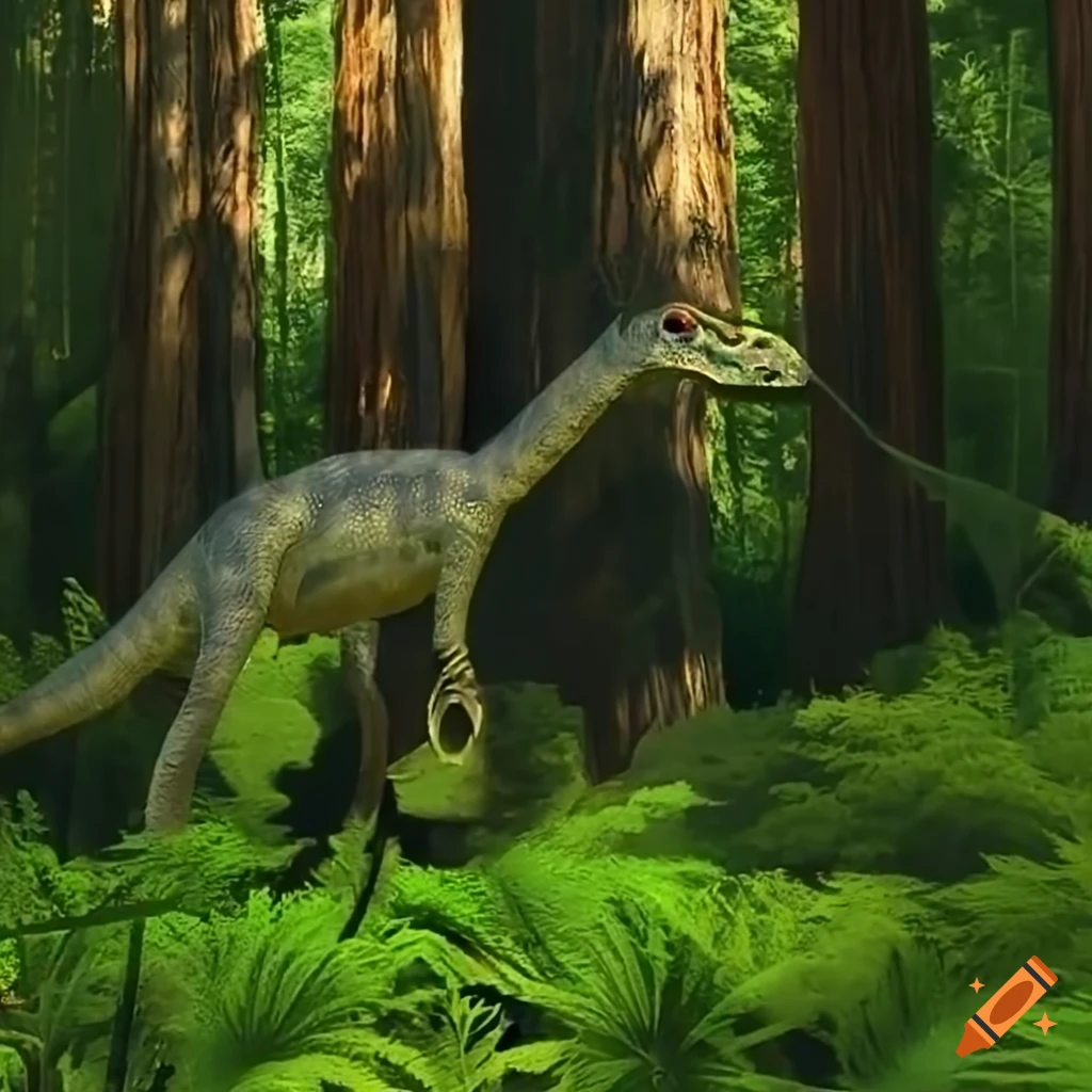 Hypsilophodon dinosaurs in a redwood forest with sunbeams filtering through the canopy