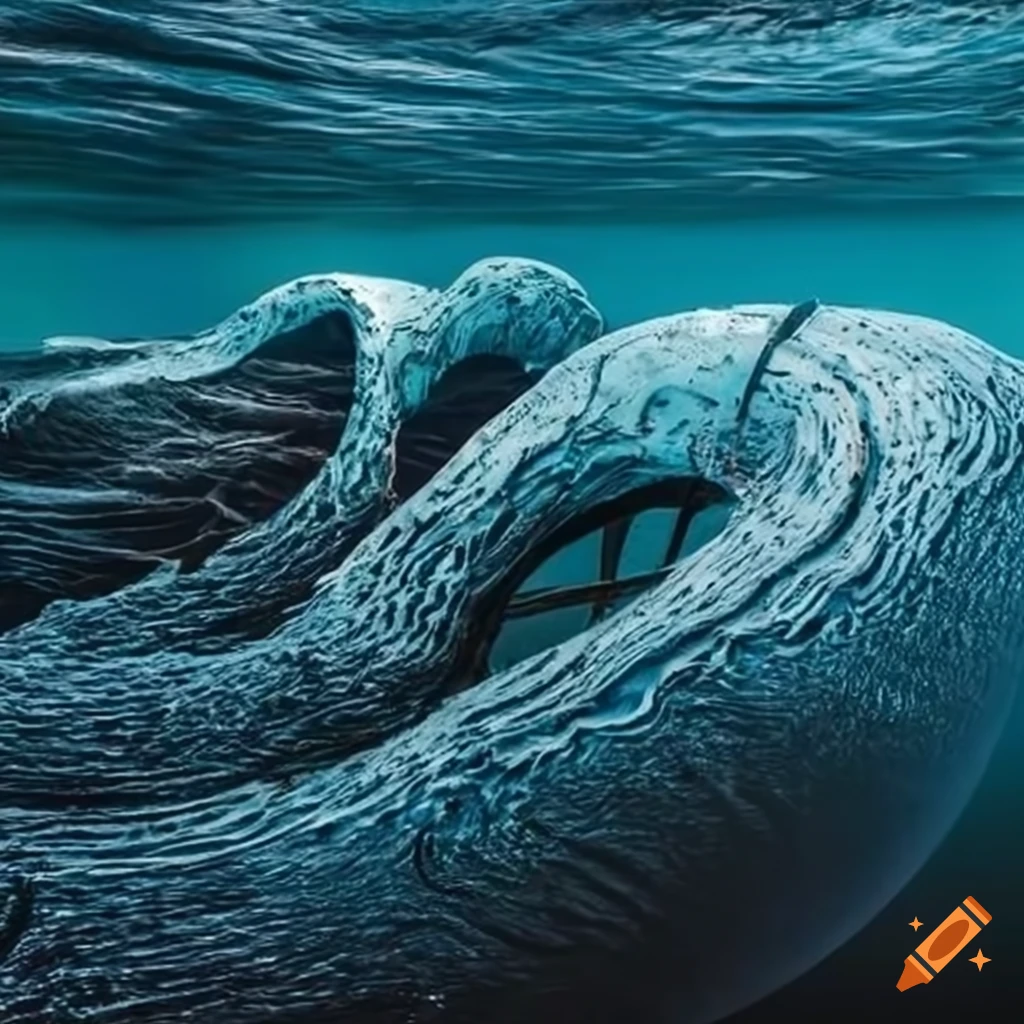 Sculpture of molten ocean waves in steel and concrete