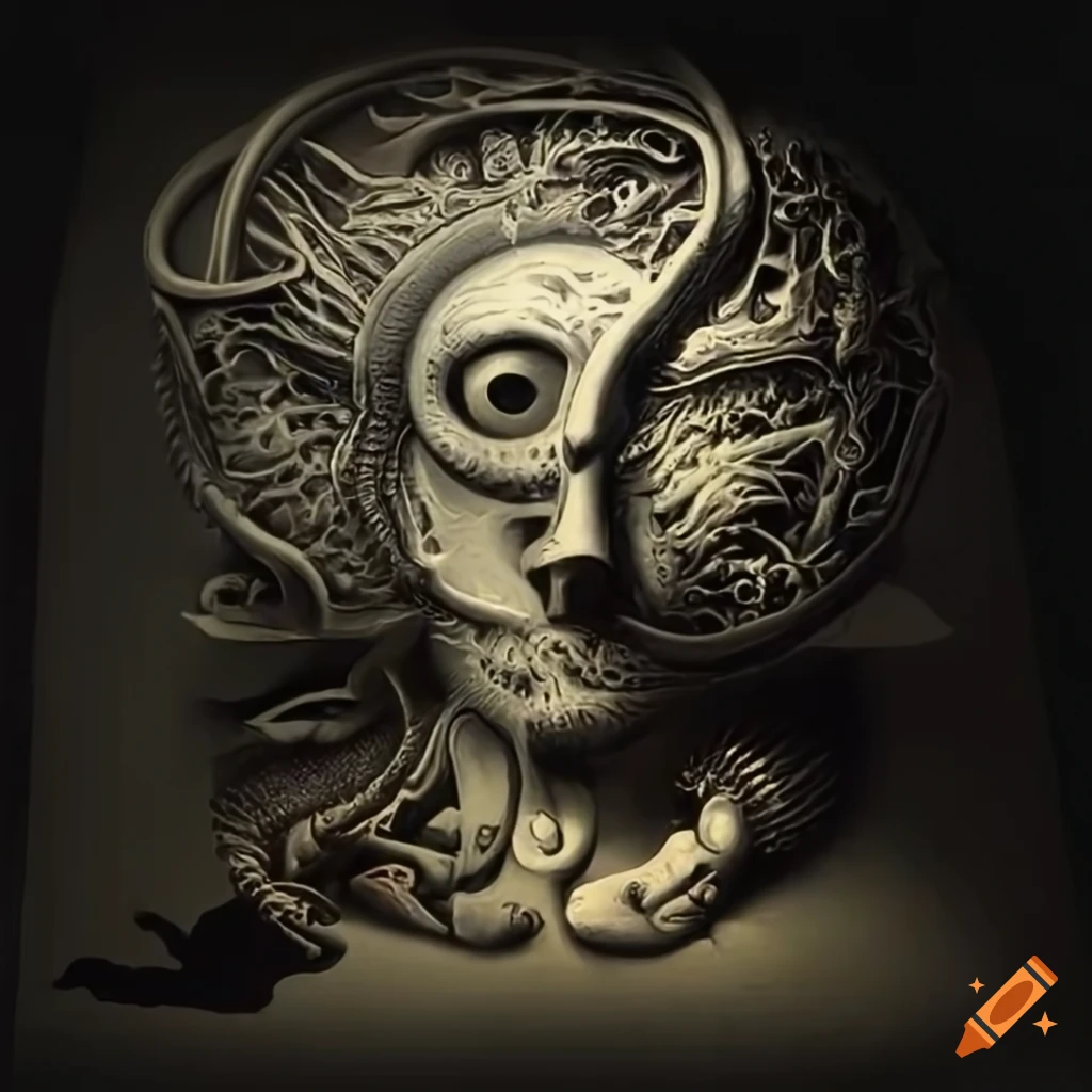 Biomechanical staircase landscape with surrealistic elements