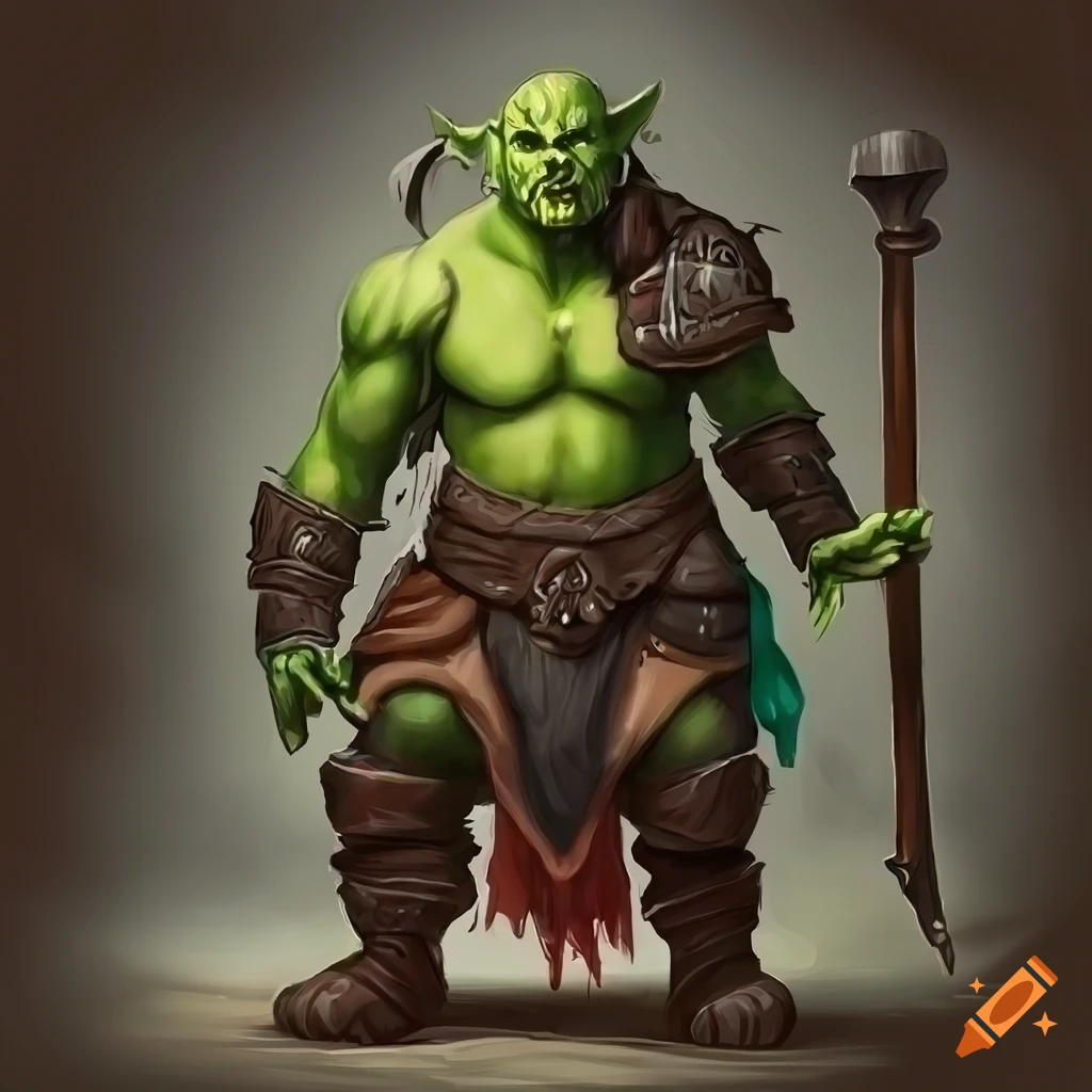 Hand-painted fantasy art of an orc warrior standing up in dungeons and dragons style