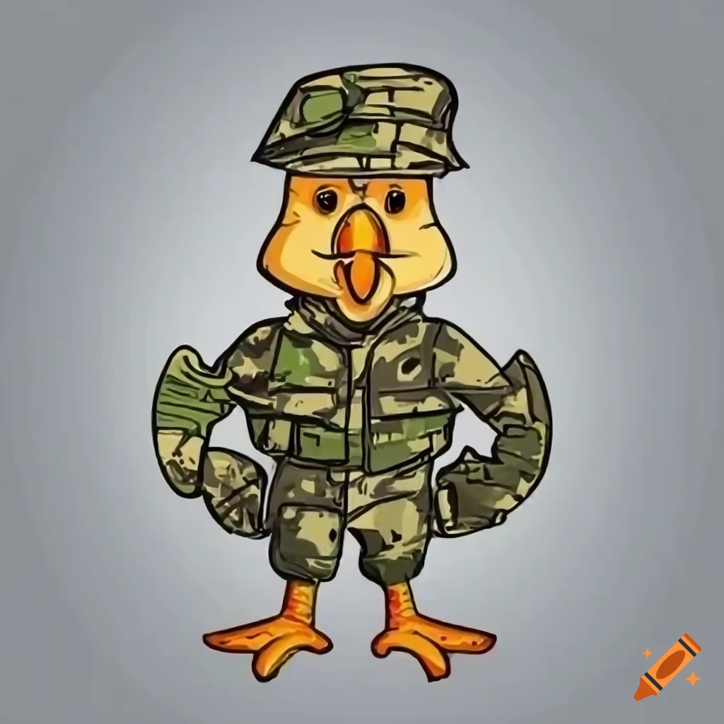 Cartoon chicken in military attire