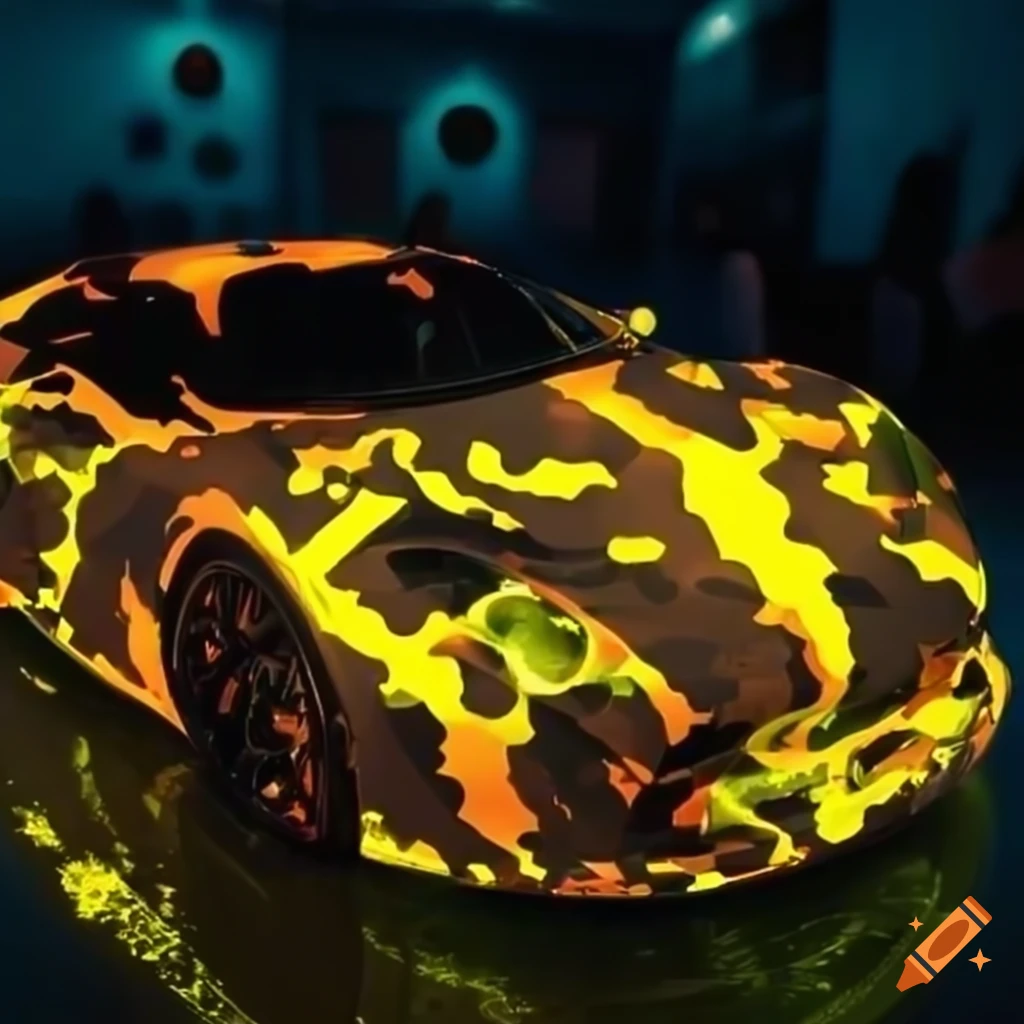 Vibrant camouflage car with yellow rims