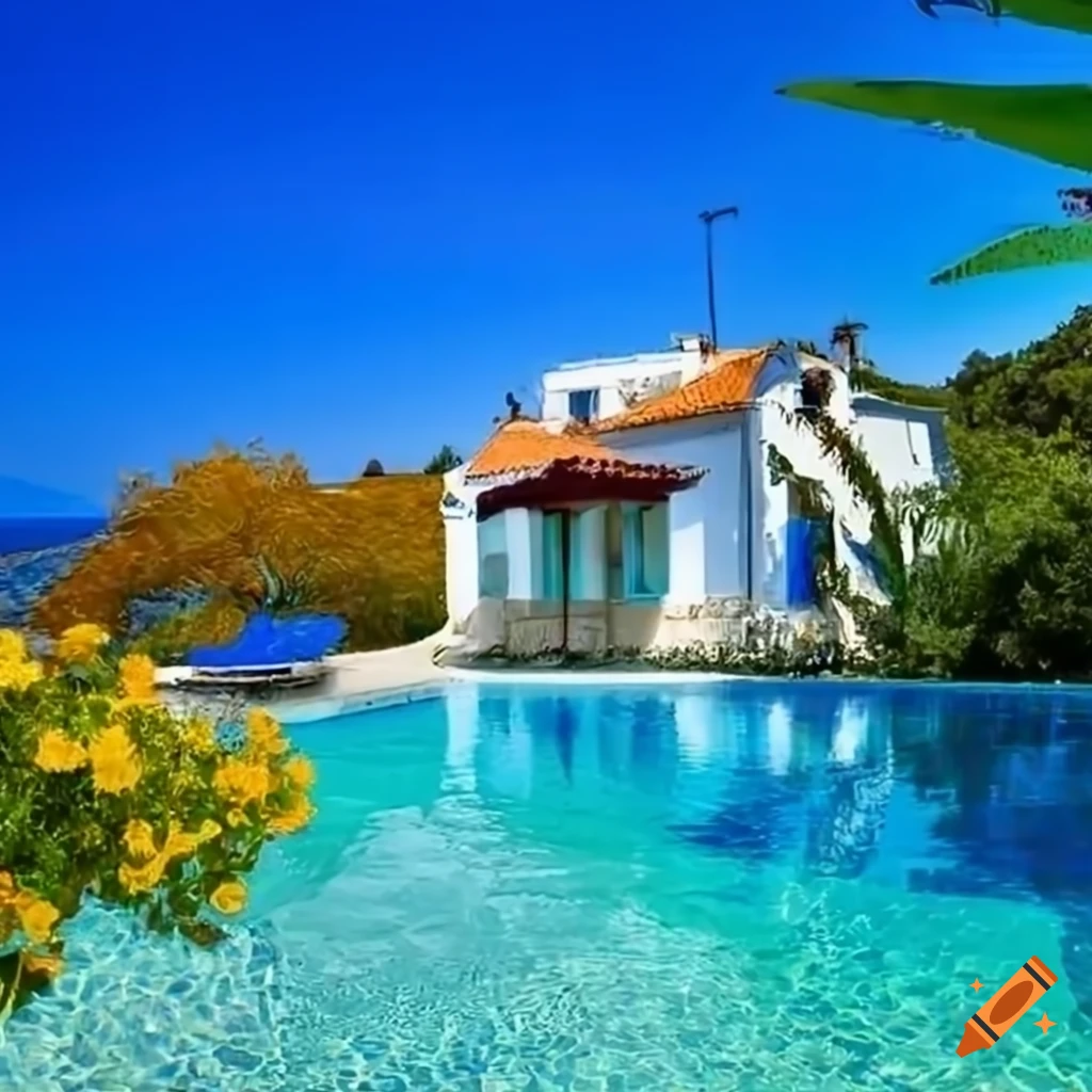 Tranquil Greek house with colorful flowers and pool